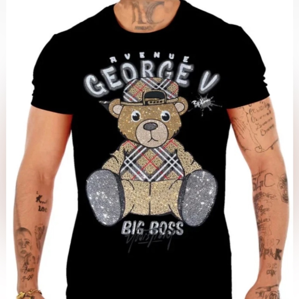 Avenue George V Paris Men's Black T-Shirt shirt sleeve rhinestone Teddy 3XL